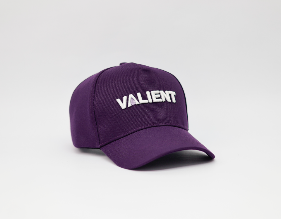 Boné roxo com logotipo bordado em alto relevo — personalização corporativa Showa Bonés