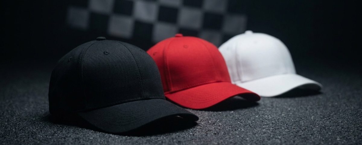 Três bonés lisos sobre asfalto com bandeira quadriculada ao fundo — bonés personalizados para automobilismo