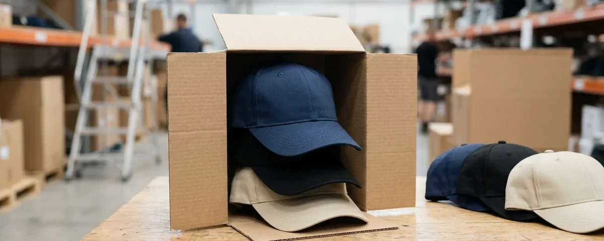 Bonés lisos empilhados dentro de uma caixa de papelão pronta para envio, em um galpão