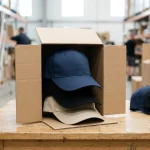 Bonés lisos empilhados dentro de uma caixa de papelão pronta para envio, em um galpão