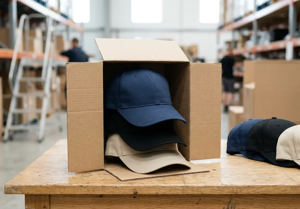 Bonés lisos empilhados dentro de uma caixa de papelão pronta para envio, em um galpão