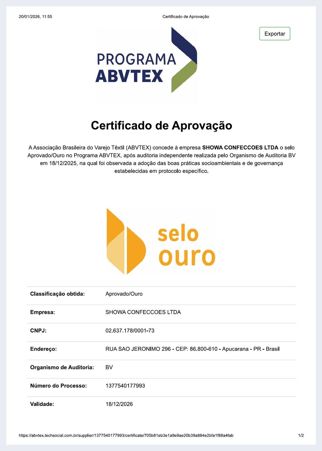 Certificado de Aprovação do Programa ABVTEX da Showa Confecções com Selo Ouro