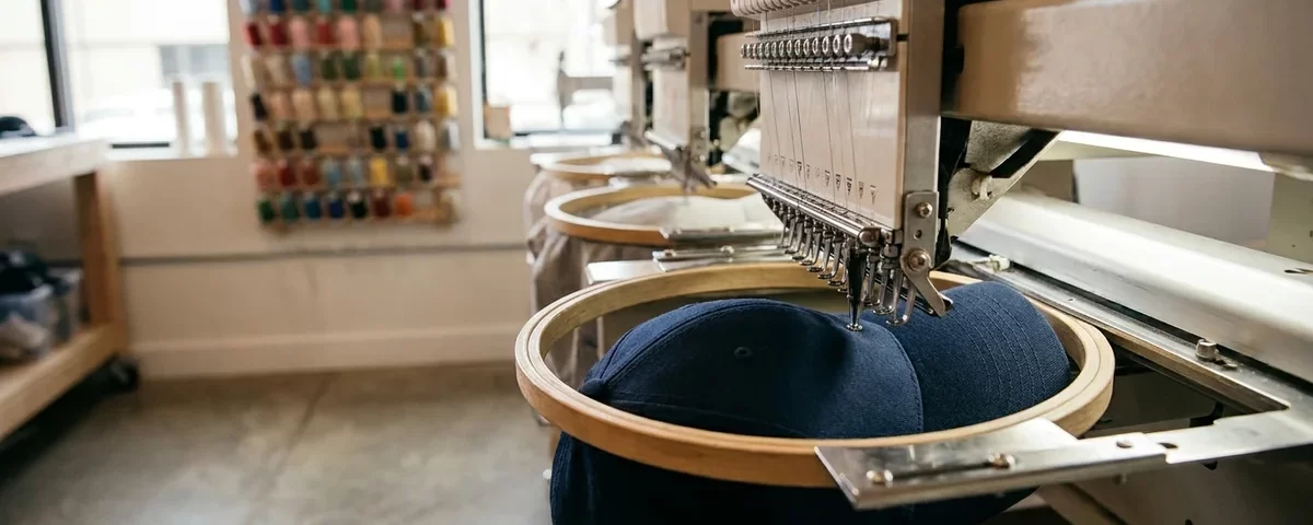 Máquina de bordado industrial aplicando bordado em um boné azul-marinho em uma confecção