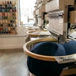Máquina de bordado industrial aplicando bordado em um boné azul-marinho em uma confecção